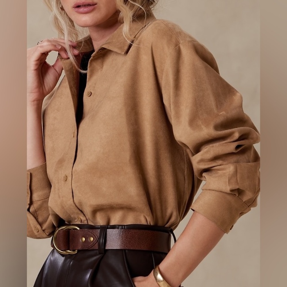 Banana Republic Adria suede button down shirt in dark caramel